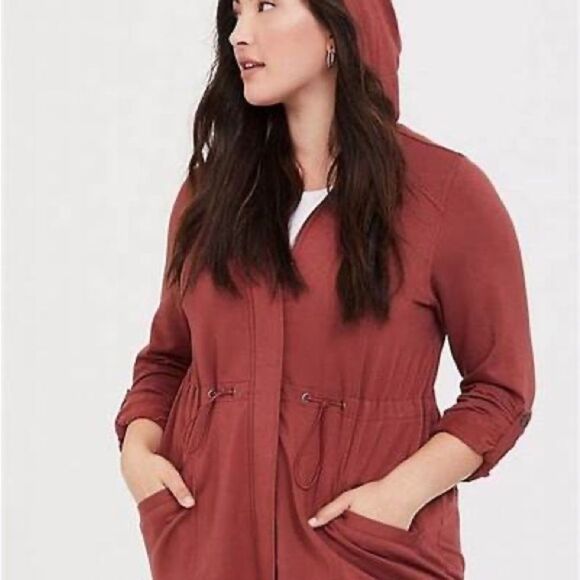 Torrid Brick Red Fleece Hooded Anorak Jacket Coat Size 0 12 Large - Picture 1 of 8